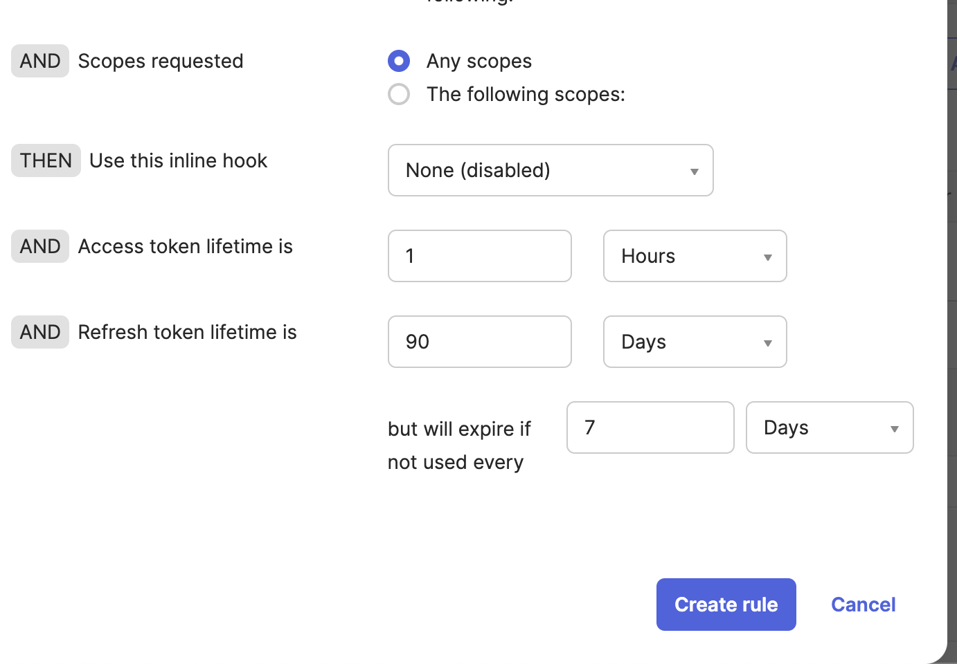 Toke lifetime settings in the API rule window.